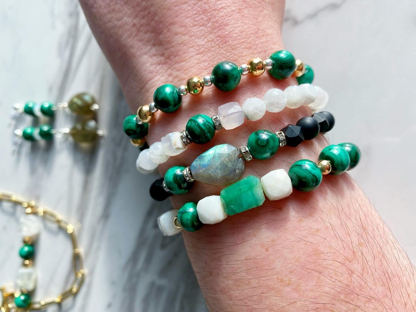 Wren - Bracelets en malachite et pierre de lune