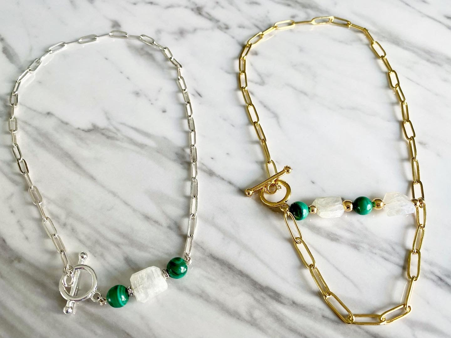 Sage - Moonstone and Malachite Gemstone Paperclip Chain Necklace