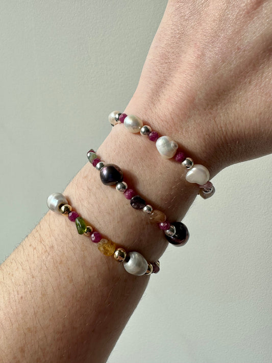 Farrah - Pearl, Tourmaline, Ruby Gemstone Bracelets