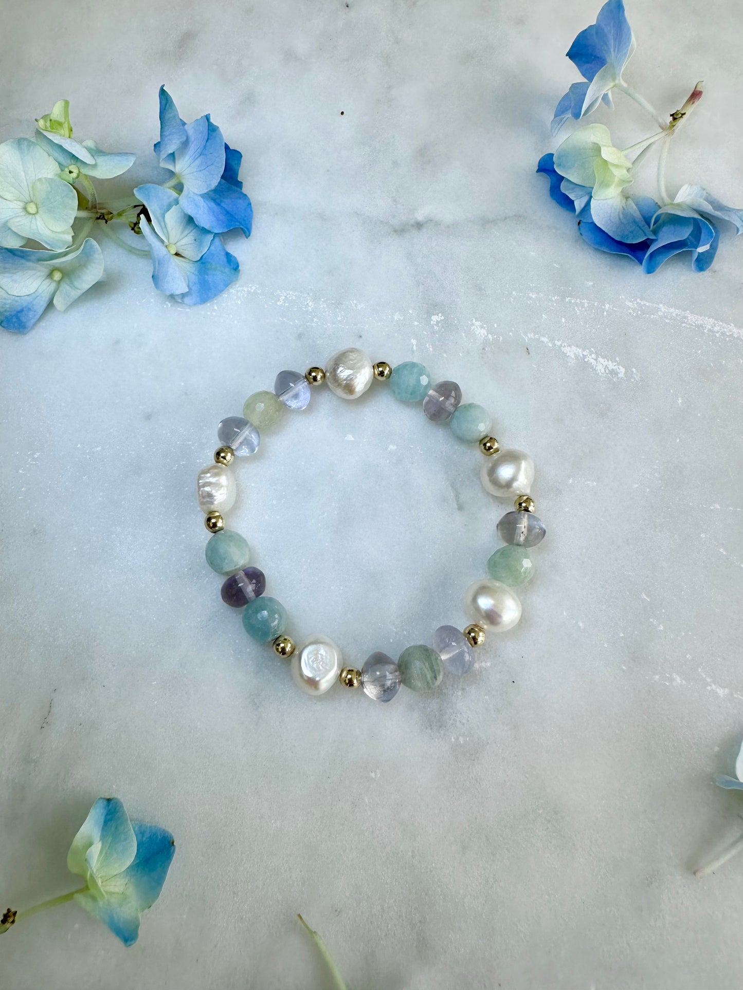 Marguerite - Fluorite, perle d'eau douce, bracelets de pierres précieuses de morganite