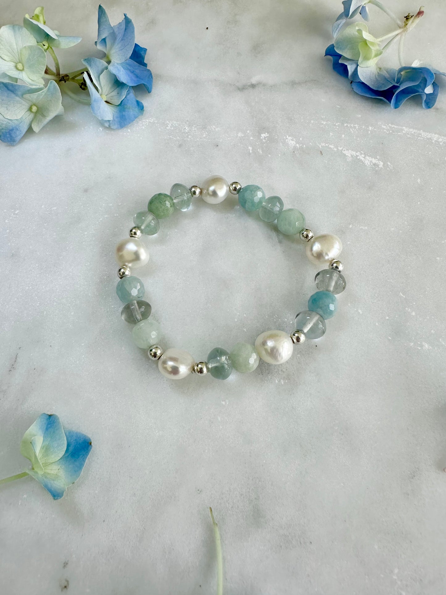 Marguerite - Fluorite, perle d'eau douce, bracelets de pierres précieuses de morganite