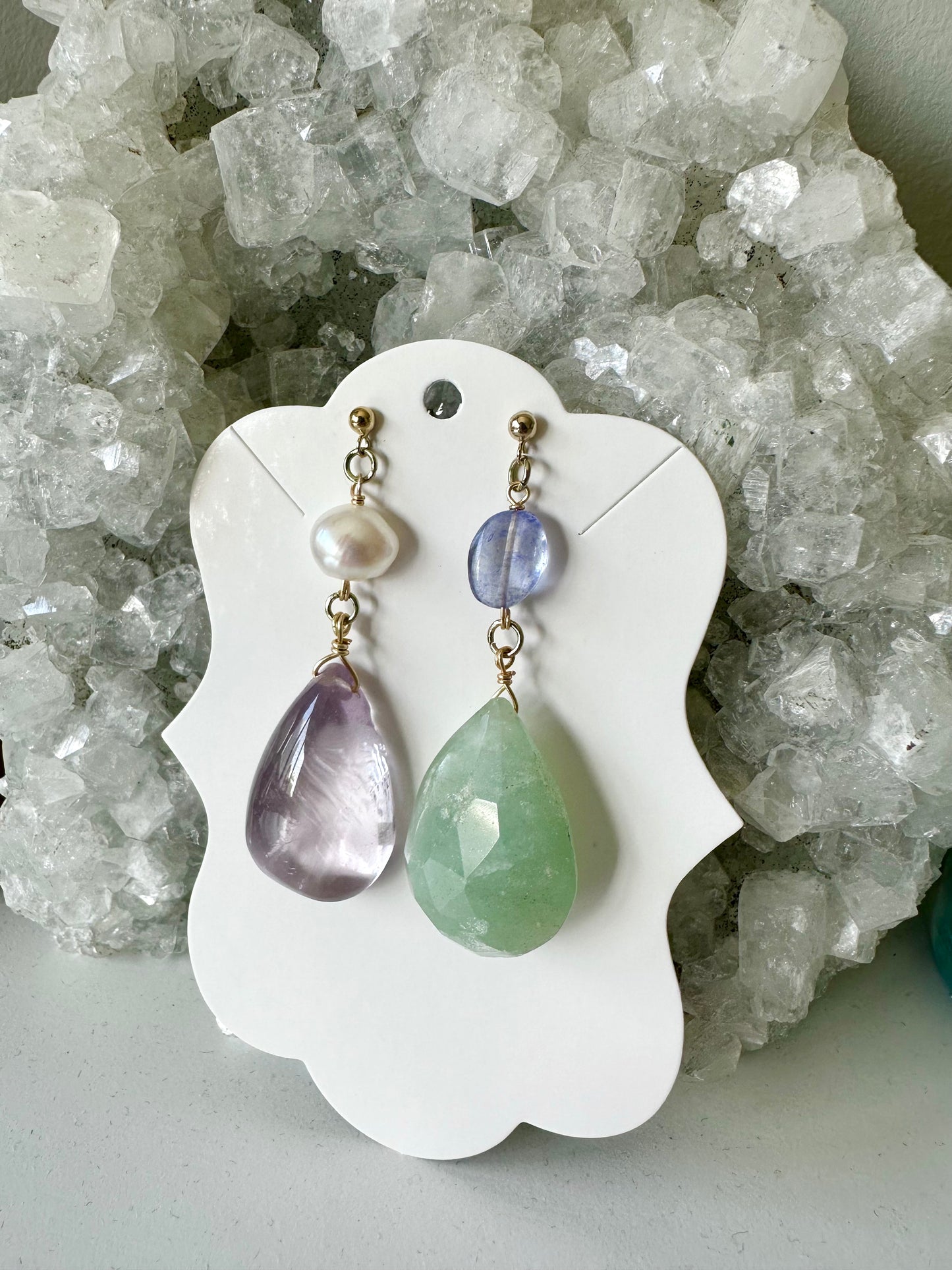 Sweet Pea - Fluorite, Freshwater Pearl, Tanzanite and Amazonite Gemstone Earrings