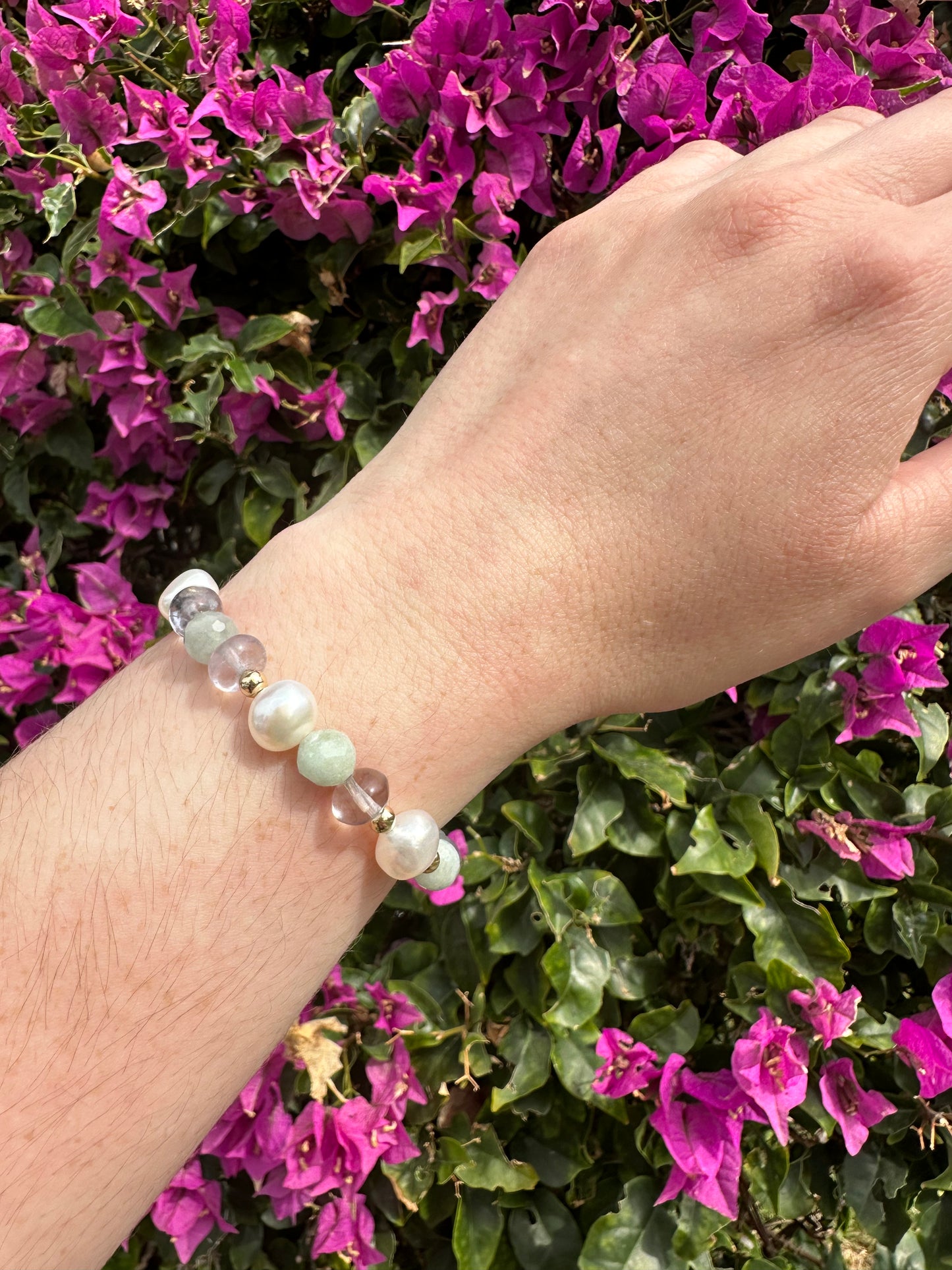 Marguerite - Fluorite, perle d'eau douce, bracelets de pierres précieuses de morganite