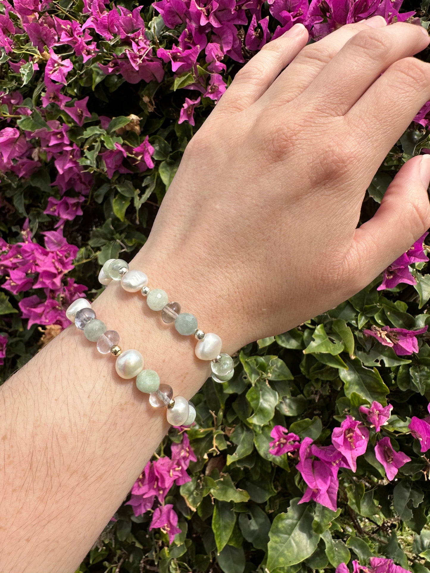 Marguerite - Fluorite, perle d'eau douce, bracelets de pierres précieuses de morganite