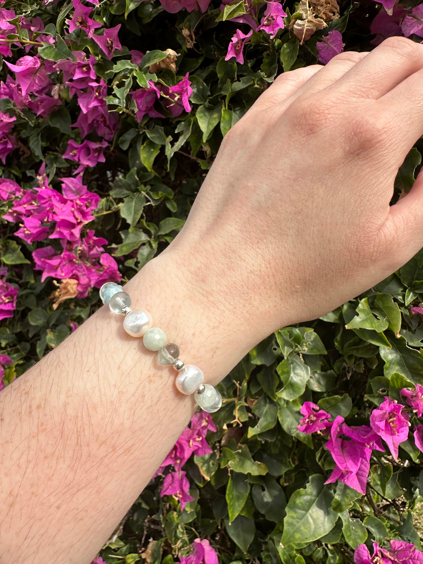 Marguerite - Fluorite, perle d'eau douce, bracelets de pierres précieuses de morganite