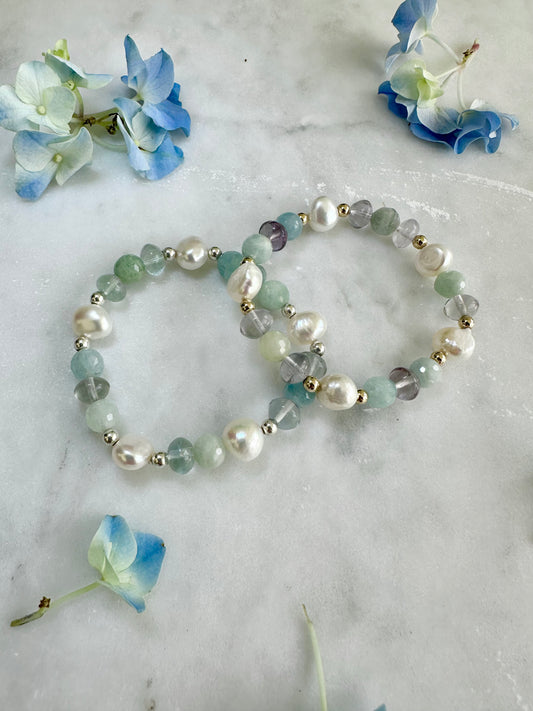 Marguerite - Fluorite, perle d'eau douce, bracelets de pierres précieuses de morganite